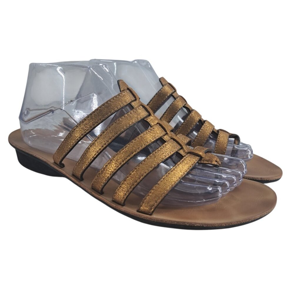 Paul Green Gold Metallic Strappy Sandals Size 7.5 US 10 Slide Wedge Leather